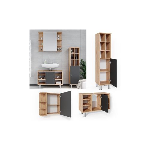 4251421953345 - Badmöbel Set Fynn Goldkraft Eiche 3 Teile mit Midischrank Tür groß Vicco