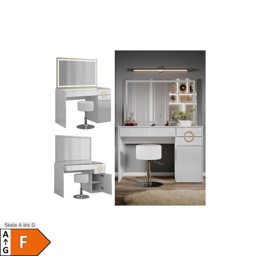 4066731340637 - Schminktisch Adela Weiß Hochglanz 115 x 764 cm mit LED-Spiegel Hocker 4066731340637 - Schminktisch Adela Weiß Hochglanz 115 x 764 cm mit LED-Spiegel Hocker