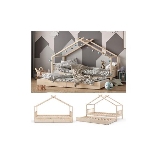 4251421964709 - VITALISPA Kinderbett DESIGN Hausbett Gästebett Lattenrost Natur 90x200 Schublade