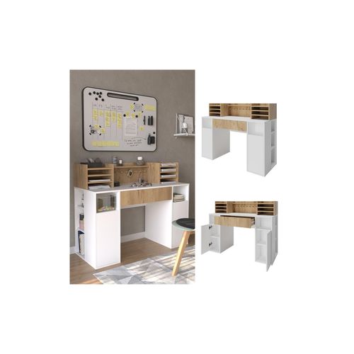 4066731331550 - Schreibtisch Basteltisch XL 1268 x 100 cm Weiß Sonoma mit Regale Schubfach