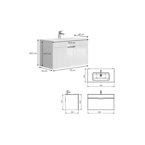 4066731232338 - Waschbecken mit Unterschrank Stefania 80 cm breit Waschtisch hängend Weiß