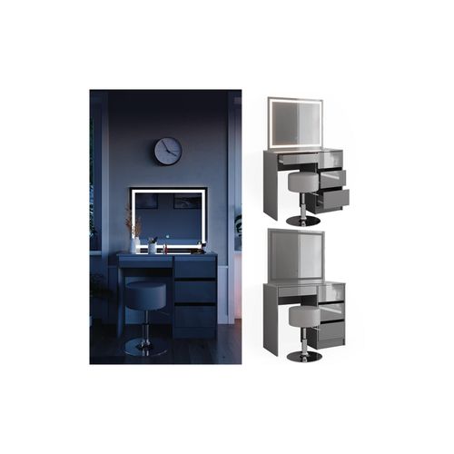4066731346165 - Schminktisch Sherry Grau Hochglanz 90 x 75 cm LED-Spiegel & Hocker Frisiertisch 4066731346165 - Schminktisch Sherry Grau Hochglanz 90 x 75 cm LED-Spiegel & Hocker Frisiertisch
