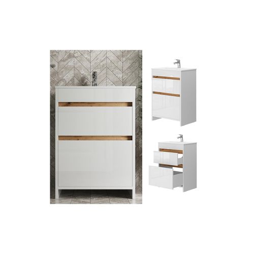 4066731232444 - Waschbecken mit Unterschrank Detmold 60 cm breit Waschtisch stehend Weiß