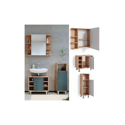 4066731041633 - Badmöbelset Unterschrank Spiegelschrank Midischrank Fynn Eiche Grün 4066731041633 - Badmöbelset Unterschrank Spiegelschrank Midischrank Fynn Eiche Grün