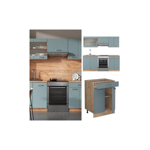 4066731345779 - Küchenzeile R-Line Solid Eiche Blau Grau 200 cm modern Küchenschränke Küchenmöbel