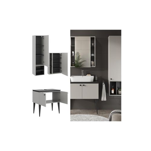 4066731273638 - Badmöbel-Set Gerta in Grau-Schwarz Badezimmer-Set moderne Badserie Spiegelschrank Waschbeckenunterschrank Hängeschrank mit 1 Tür