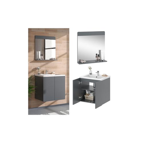 4066731365401 - Badmöbel-Set Izan Grau modern Waschtischunterschrank Waschbecken Badspiegel 4066731365401 - Badmöbel-Set Izan Grau modern Waschtischunterschrank Waschbecken Badspiegel