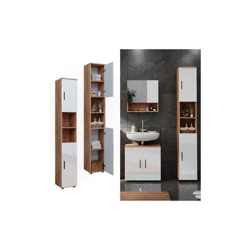 4066731273492 - Hochschrank Badschrank Badezimmermöbel Irma Eiche Weiß Hochglanz modern 30x192 cm Badkommode Badezimmer Schrank Badmöbel 2 Türen 6 Fächer 4066731273492 - Hochschrank Badschrank Badezimmermöbel Irma Eiche Weiß Hochglanz modern 30x192 cm Badkommode Badezimmer Schrank Badmöbel 2 Türen 6 Fächer
