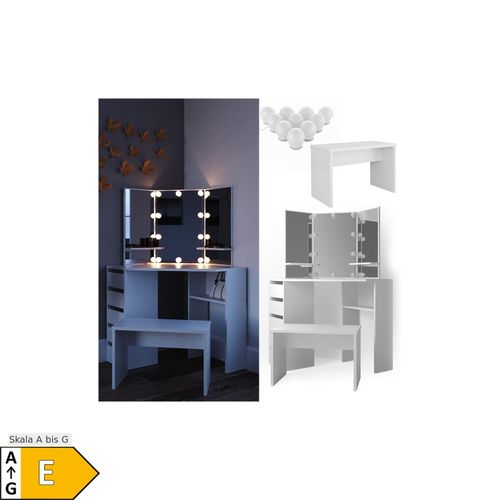 4251421924093 - Eckschminktisch Arielle Kosmetiktisch Frisiertisch Schminktisch Weiß inklusive Sitzbank und LED-Lichterkette 4251421924093 - Eckschminktisch Arielle Kosmetiktisch Frisiertisch Schminktisch Weiß inklusive Sitzbank und LED-Lichterkette