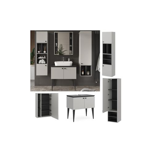 4066731273652 - Badmöbel-Set Gerta in Grau-Schwarz Badezimmer-Set moderne Badserie Spiegelschrank Waschbeckenunterschrank Hängeschrank