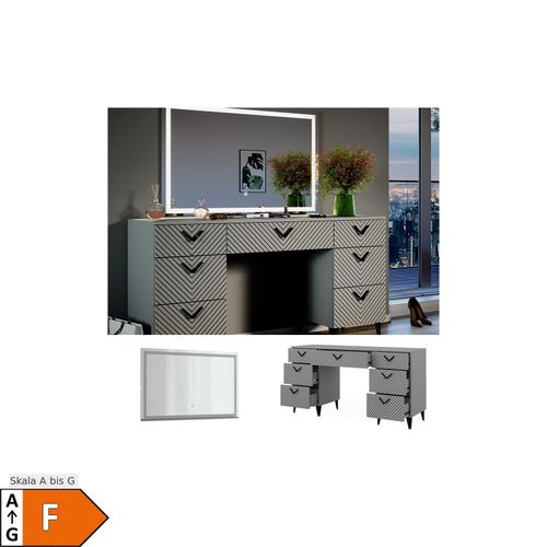 4066731326532 - Schminktisch Anett Grau mit LED-Spiegel 150 x 78 cm 7 Schubladen 4066731326532 - Schminktisch Anett Grau mit LED-Spiegel 150 x 78 cm 7 Schubladen