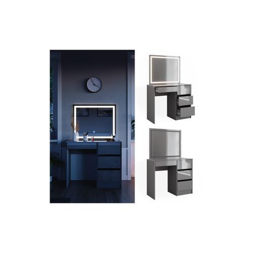 4066731346158 - Schminktisch Sherry Grau Hochglanz 90 x 75 cm LED-Spiegel Frisiertisch