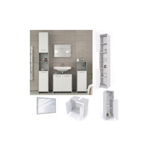 4251421900554 - Badmöbel Set Kiko Badezimmer Spiegel Kommode Unterschrank Weiß Beton 4251421900554 - Badmöbel Set Kiko Badezimmer Spiegel Kommode Unterschrank Weiß Beton