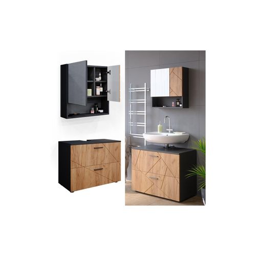 4066731050864 - Badmöbelset Waschtischunterschrank Spiegelschrank Irma Anthrazit Eiche Badmöbel