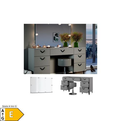 4066731326525 - Schminktisch Anett Grau mit Spiegel Hocker und LED-Lampen 150 x 78 cm 4066731326525 - Schminktisch Anett Grau mit Spiegel Hocker und LED-Lampen 150 x 78 cm
