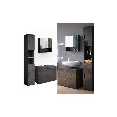 4066731051007 - Badmöbel Set Irma Anthrazit Hochglanz 3 Teile mit Schubladenschrank und Hochschrank Vicco