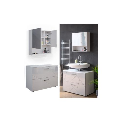 4066731050925 - Badmöbelset Waschtischunterschrank Spiegelschrank Irma Weiß Hochglanz Badmöbel