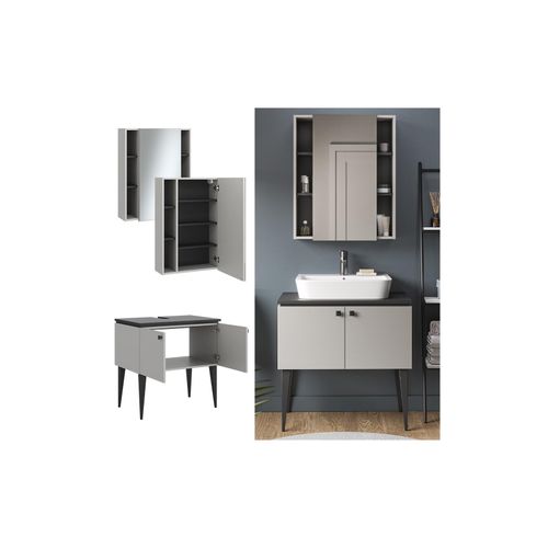 4066731273621 - Badmöbel-Set Gerta in Grau-Schwarz Badezimmer-Set moderne Badserie Spiegelschrank Waschbeckenunterschrank