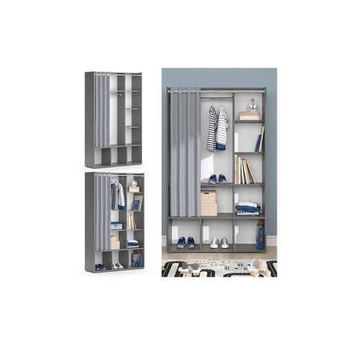 4066731276752 - Kinderkleiderschrank Kinderzimmerschrank Kindergarderobe Luigi Grau 106 x 178 cm modern Schrankregal Jugendzimmerschrank Organizer Vorhang Kleiderstange Fächer Aufbewahrung Spielzeugablage