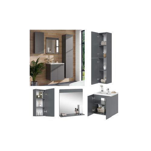 4066731365418 - Badmöbel-Set Izan Grau modern Waschtischunterschrank Waschbecken Badspiegel Hängeschrank Hochschrank