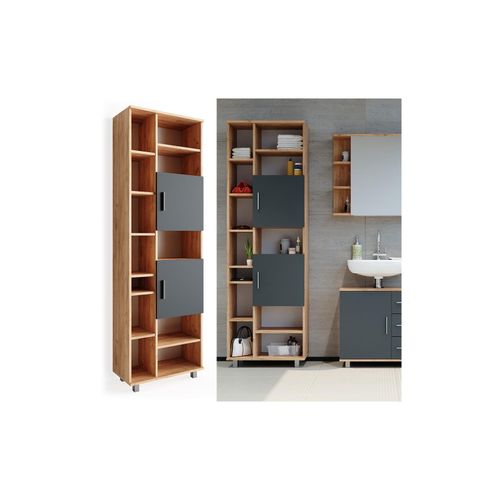 4251421941144 - Badschrank Ilias 190 cm - Badezimmerschrank Hochschrank Bad Schrank Badregal Eiche Anthrazit