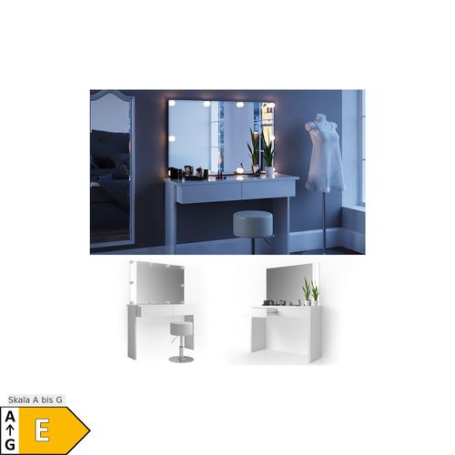 4251421925618 - Schminktisch Azur Kosmetiktisch Frisiertisch Frisierkommode Weiß Hochglanz inklusive Sitzhocker Spiegel und LED-Lichterkette
