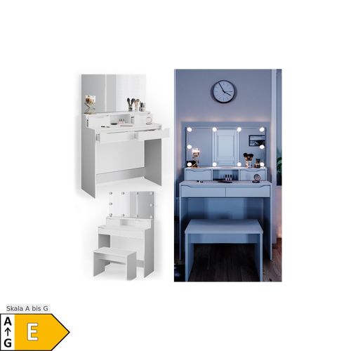4251421948440 - Schminktisch Ruben weiß mit LED-Beleuchtung Spiegel Sitzbank Frisiertisch 4251421948440 - Schminktisch Ruben weiß mit LED-Beleuchtung Spiegel Sitzbank Frisiertisch