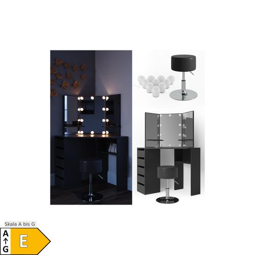 4251421925502 - Schminktisch Arielle Frisiertisch Kommode Frisierkommode Spiegel Schwarz inklusive Hocker und LED-Lichterkette 4251421925502 - Schminktisch Arielle Frisiertisch Kommode Frisierkommode Spiegel Schwarz inklusive Hocker und LED-Lichterkette
