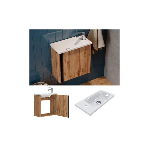 4066731232499 - Waschbecken mit Unterschrank Kleo 50 cm Waschtisch mit Tür Eiche Wandmontage
