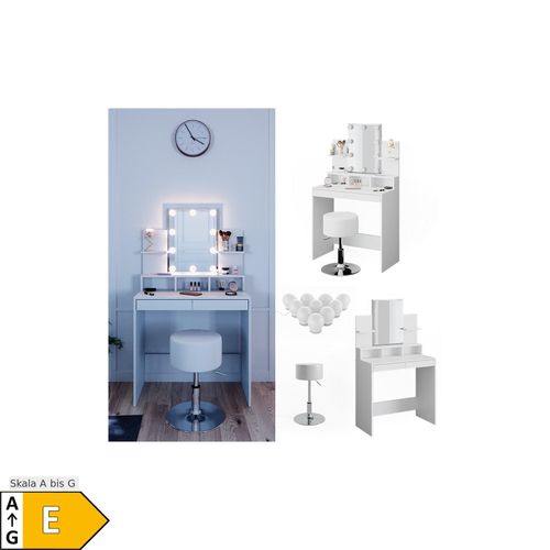 4251421970205 - Schminktisch Frisiertisch Schminkkommode Ania weiß LED Beleuchtung Hocker