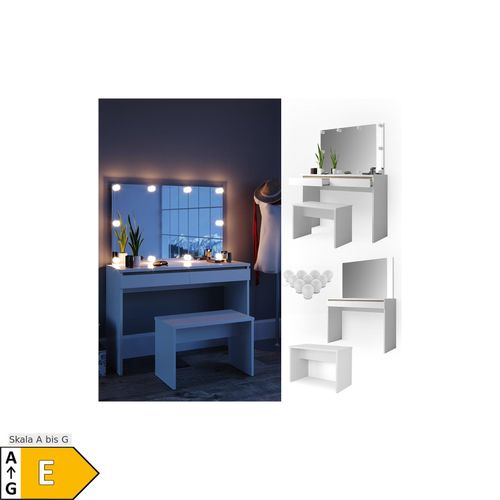 4251421929272 - Schminktisch Emma Frisiertisch Frisierkommode Kommode Weiß Sonoma inklusive Bank Spiegel und LED-Lichterkette