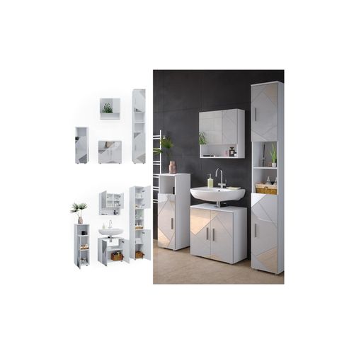 4066731228324 - Badmöbelset mit Dekospiegeln Irma Weiß Hochglanz modern Badezimmerschrank Badschrank Badezimmermöbel Waschtischunterschrank Spiegelschrank Hochschrank Midischrank Schranktür Schrankschublade