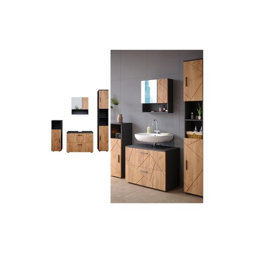 4066731050918 - Badmöbelset Unterschrank Spiegel Hochschrank Midischrank Irma Anthrazit Eiche Badmöbel