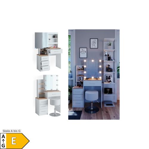 4066731231652 - Schminktisch Frisiertisch Kosmetiktisch Conrada Weiß Sonoma Schminkspiegel 80x132 modern Hocker LED Beleuchtung Schlafzimmerkommode Schminkkommode Schublade Spiegelschrank Frisierkommode Make-Up-Tisch