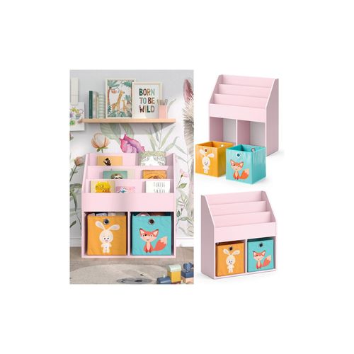 4066731335770 - Kinderbücherregal Luigi 72 x 79 cm Rosa Kinderzimmerregal mit Faltboxen