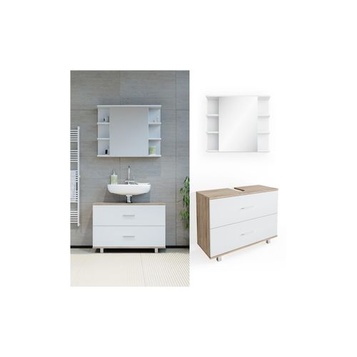 4251421952393 - VICCO Badmöbel Set ILIAS Weiß Eiche Bad Spiegel Unterschrank Badschrank