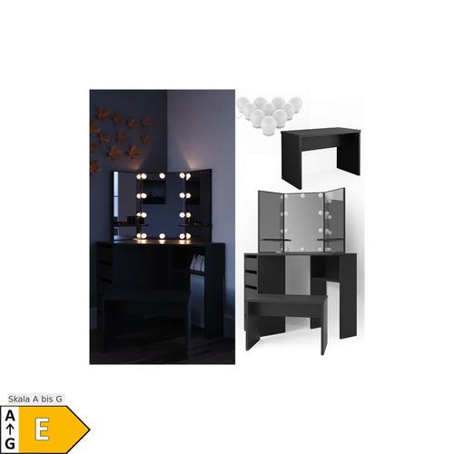 4251421937420 - Eckschminktisch Arielle Frisiertisch Kommode Frisierkommode Spiegel Schwarz inklusive Bank und LED-Lichterkette 4251421937420 - Eckschminktisch Arielle Frisiertisch Kommode Frisierkommode Spiegel Schwarz inklusive Bank und LED-Lichterkette