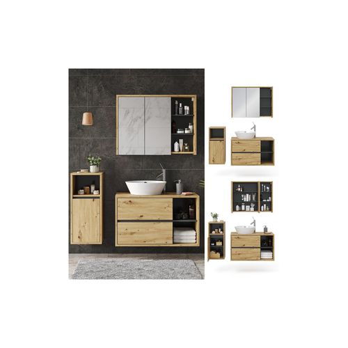 4066731229062 - Badmöbelset Viola Eiche Anthrazit modern Badezimmerschrank Badschrank Badezimmermöbel Waschtischunterschrank Spiegelschrank Midischrank Schranktür Schrankfach Ablage Aufbewahrung