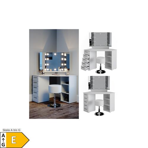 4251421972834 - Eckschminktisch Frisiertisch Frisierkommode Sofia Weiß Spiegel LED Hocker