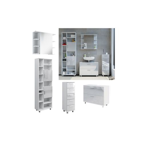4066731353002 - Badmöbel-Set Ilias Weiß Hochglanz modern Waschtischunterschrank Spiegelschrank Midischrank Hochschrank