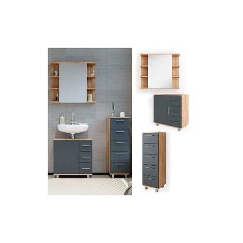 4251421941236 - VICCO Badmöbel Set ILIAS Eiche Anthrazit Spiegel Kommode Unterschrank Badschrank