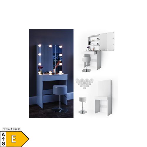 4251421930131 - Schminktisch Melle Frisiertisch Kommode Frisierkommode Spiegel Weiß inklusive Hocker und LED-Lichterkette 4251421930131 - Schminktisch Melle Frisiertisch Kommode Frisierkommode Spiegel Weiß inklusive Hocker und LED-Lichterkette