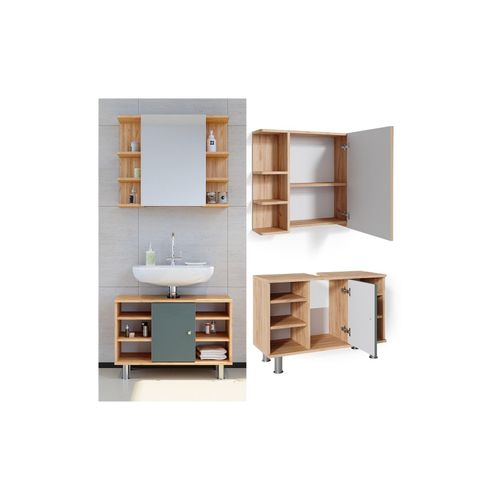 4066731041664 - Badmöbelset Waschtischunterschrank 80 cm Spiegelschrank Fynn Eiche Grün 4066731041664 - Badmöbelset Waschtischunterschrank 80 cm Spiegelschrank Fynn Eiche Grün