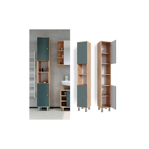 4066731041541 - Hochschrank Badschrank Badezimmerschrank Fynn Eiche Grün Badmöbel 190 x 30