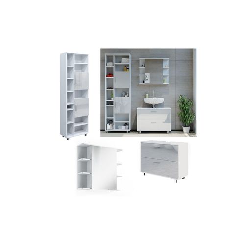 4066731352999 - Badmöbel-Set Ilias Weiß Hochglanz modern Waschtischunterschrank Spiegelschrank Hochschrank