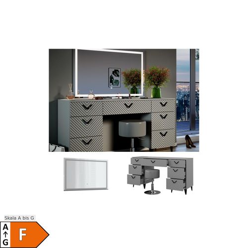 4066731326549 - Schminktisch Anett Grau mit LED-Spiegel Hocker 150 x 78 cm 7 Schubladen 4066731326549 - Schminktisch Anett Grau mit LED-Spiegel Hocker 150 x 78 cm 7 Schubladen