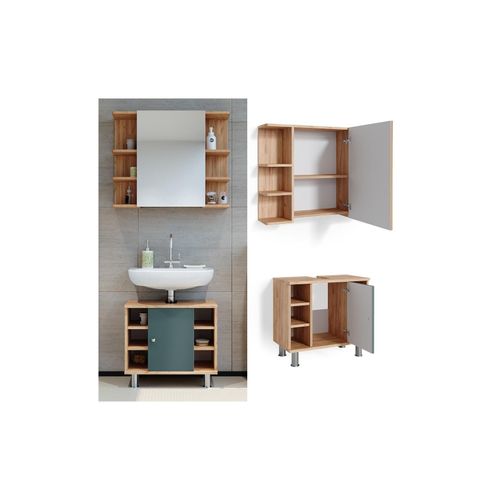 4066731041626 - Badmöbelset Waschtischunterschrank Spiegelschrank Fynn Eiche Grün 4066731041626 - Badmöbelset Waschtischunterschrank Spiegelschrank Fynn Eiche Grün