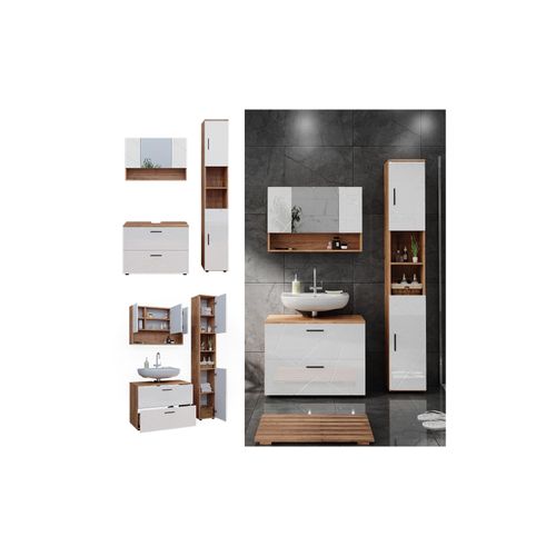 4066731273270 - Badmöbelset Irma Eiche Weiß Hochglanz modern 80 cm 30 cm Badezimmerschrank Badschrank Badezimmermöbel Waschtischunterschrank Spiegelschrank Hochschrank Schranktür Schrankfach Schrankschublade