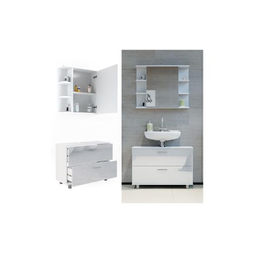 4066731352975 - Badmöbel-Set Ilias Weiß Hochglanz modern Waschtischunterschrank Spiegelschrank