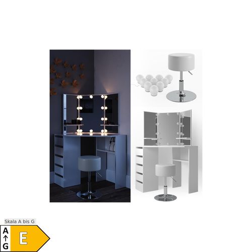 4251421924253 - Eckschminktisch Arielle Kosmetiktisch Frisiertisch Schminktisch Weiß inklusive Sitzhocker und LED-Lichterkette 4251421924253 - Eckschminktisch Arielle Kosmetiktisch Frisiertisch Schminktisch Weiß inklusive Sitzhocker und LED-Lichterkette